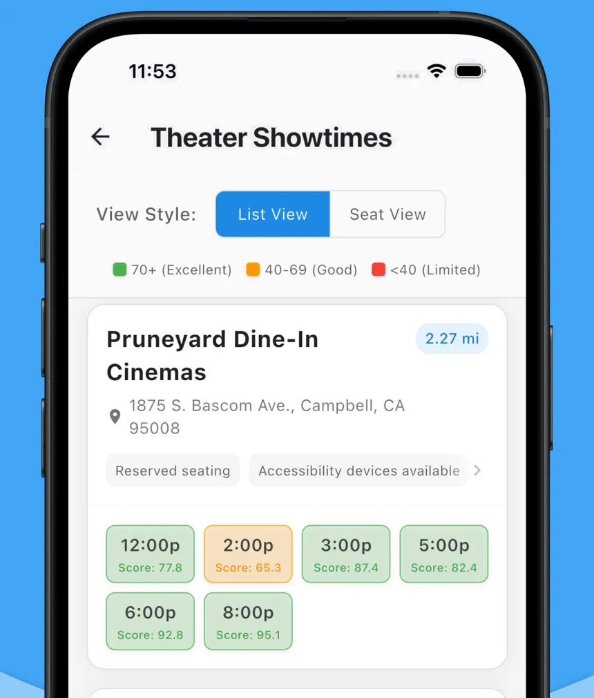 FlickFind showing nearby theaters with every showtime rated by Seat Score