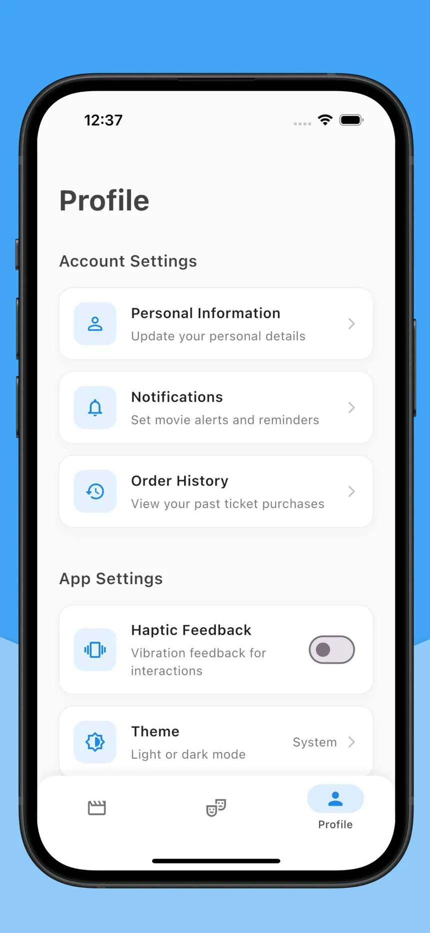 FlickFind profile screen with notification and theme settings