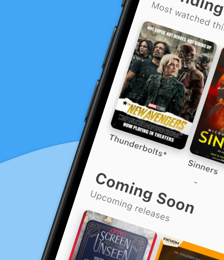 FlickFind home screen showing trending movies and upcoming releases