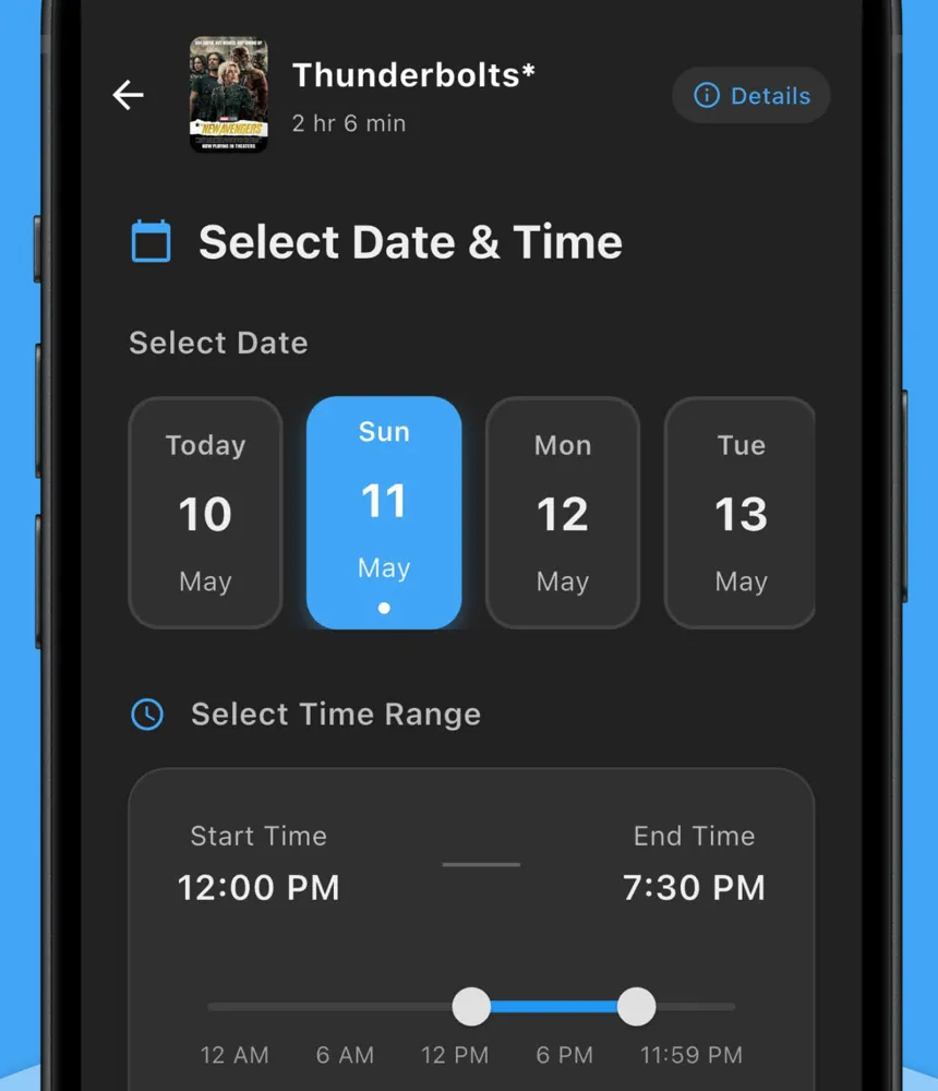 FlickFind date and time screen with a draggable time range slider
