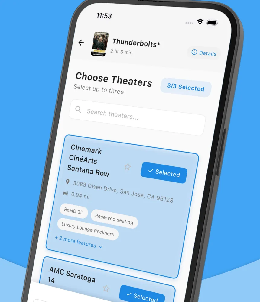 FlickFind theater picker showing nearby cinemas with distance and amenities