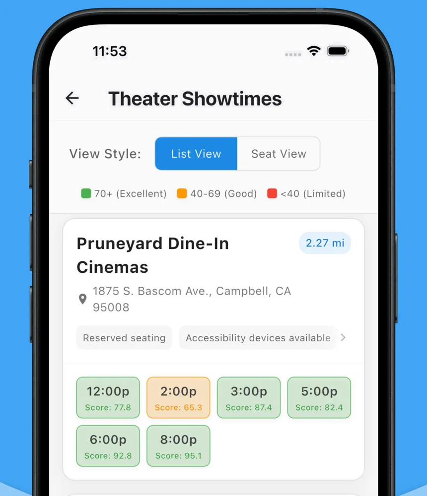 FlickFind showtime list where each screening carries a numeric Seat Score