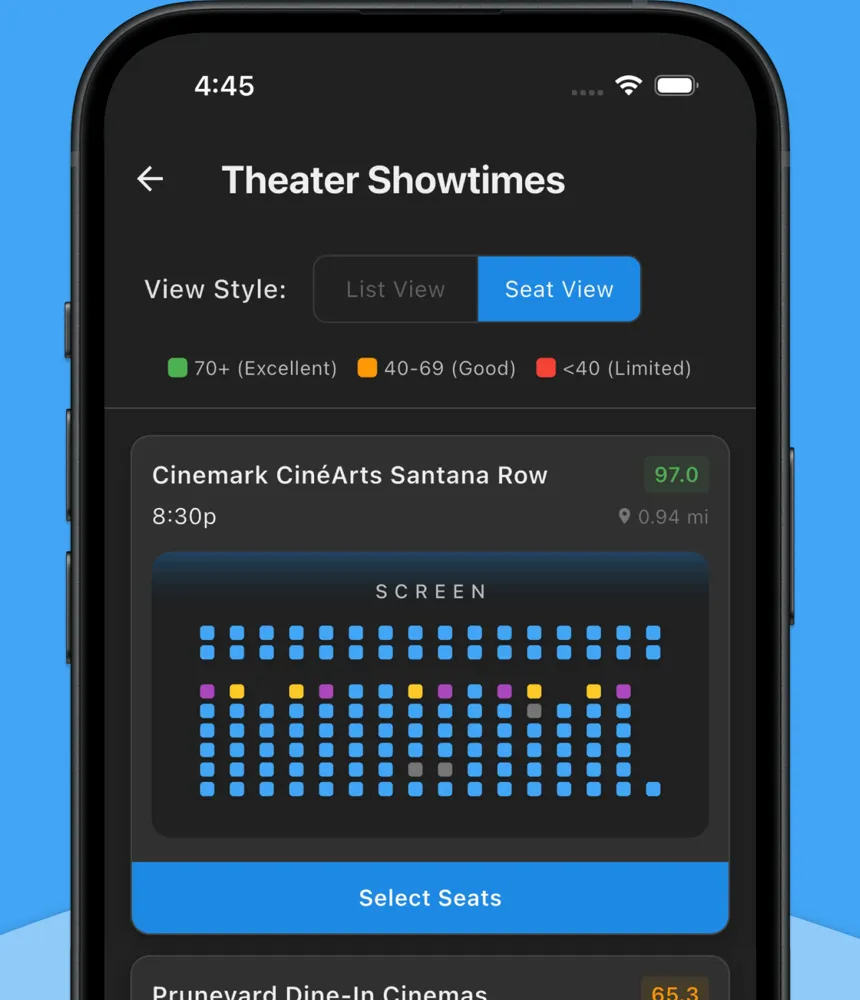 FlickFind seat map view showing live availability across ranked theaters